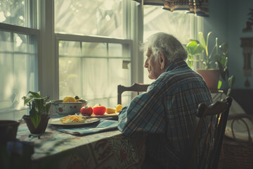 Old lonely man sitting by the window