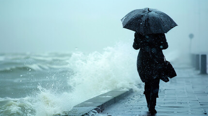 Person with umbrella braving a stormy seafront, with strong winds and waves crashing over the promenade. - obrazy, fototapety, plakaty