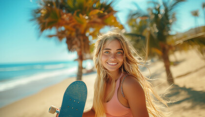 portrait of Cheerfull beautiful blonde hair young woman with skateboard, curly hair looking at camera on the seaside resort.Gorgeous human beauty, fashion, vacations and active lifestyle concept image - obrazy, fototapety, plakaty