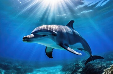 Underwater photography of a dolphin in the sea with reefs and sun rays