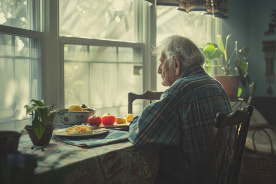 Old lonely man sitting by the window