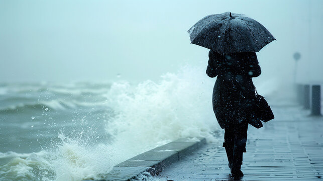 Person with umbrella braving a stormy seafront, with strong winds and waves crashing over the promenade.