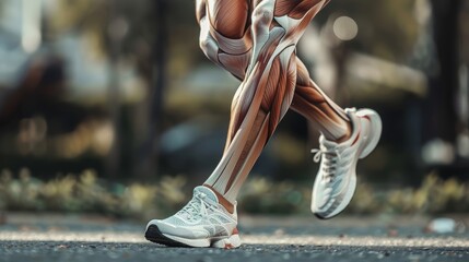 Anatomical visualization of leg muscles on a runner in motion. Sports science and biology concept. - obrazy, fototapety, plakaty