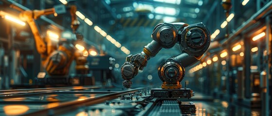 As the day shifts into night, the factory comes alive with a new energy, and the robotic arm takes center stage amidst the dramatic lighting, its movements choreographed with precision. - obrazy, fototapety, plakaty