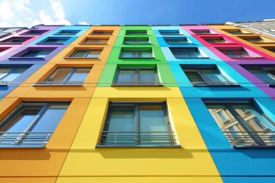 Modern facade of the building with colorful rainbow windows