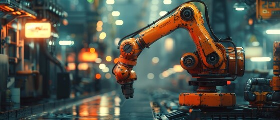 Bathed in the glow of the factory's neon lights, the robotic arm moves with a sense of purpose, its every movement a testament to the ingenuity of its creators.