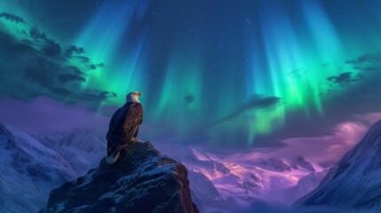 Bald eagle standing on top of mountain with snow mountains and beautiful aurora northern lights in night sky in winter.