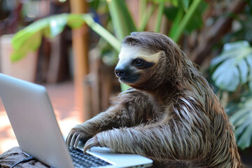 Fototapeta premium Slow sloth working on computer, deadline concept