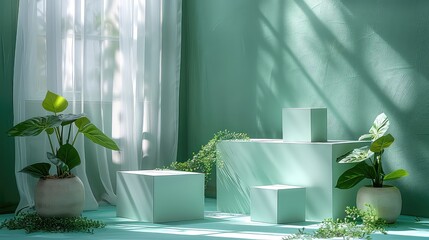 Platform for product on podium on green background with plants, rays of light and shadows for cosmetics, jewelry