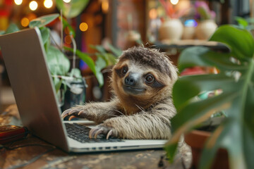 Fototapeta premium Slow sloth working on computer, deadline concept