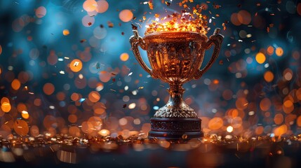 Fototapeta na wymiar Golden trophy cup with confetti on a bokeh light background.