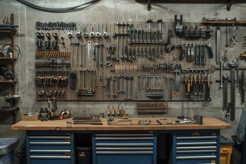 old workbench. vintage working area with rusty material and tools hanging on the wall. 