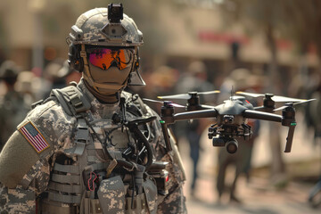 drone operator launches a quadcopter to reconnaissance positions - obrazy, fototapety, plakaty
