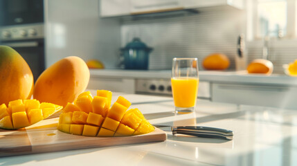 Fresh mango fruit and juice on kitchen countertop with sunlight