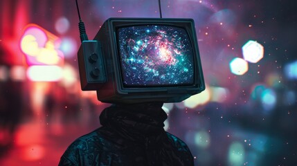 Surreal portrait of a person with a vintage television set as a head, displaying a colorful galaxy, blending technology with the cosmos.
