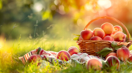 Ripe peaches in a wicker basket on grass