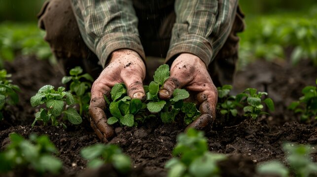 Realistic image of a gardener's hands nurturing plant life, symbolizing the human-nature connection
