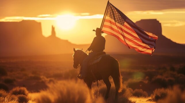 Cowboy on horseback carrying a US national flag