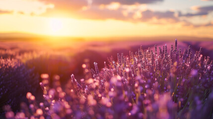 Lavender field at sunset with warm backlight