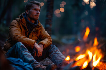 Man sitting by a campfire with the surrounding nature in soft focus