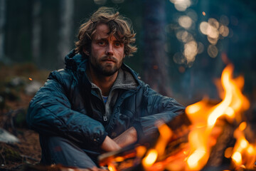 A portrait of a man sitting by a campfire in the woods