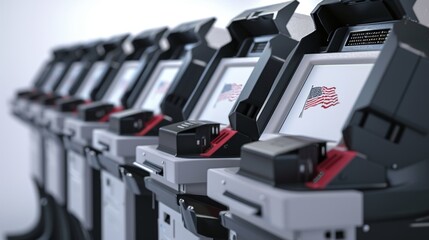 A line of voting machine in a voting station center.