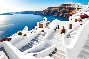 Fototapeten White architecture in Santorini island, Greece. Beautiful terrace with sea view. © MISHAL