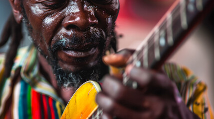 Close-up portrait of a sweating man playing guitar
