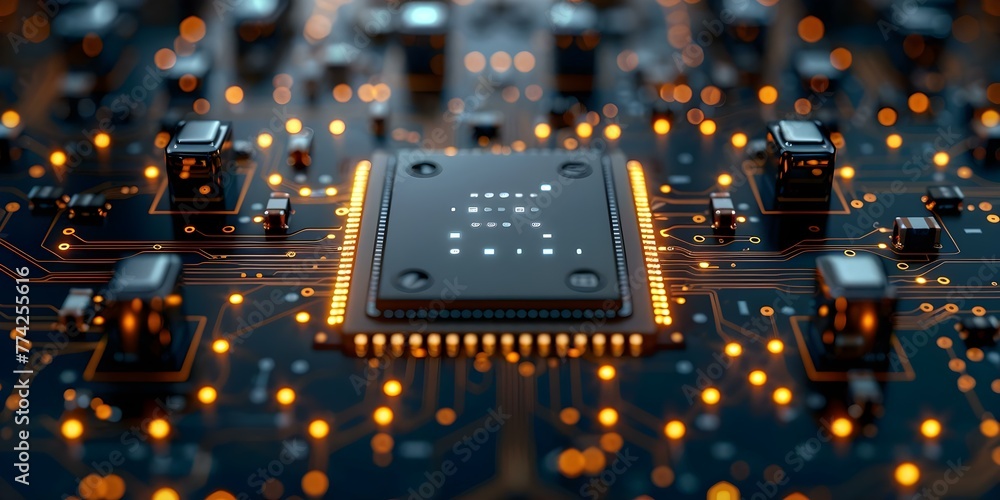 Poster a closeup of a circuit board with intricate patterns and connections representing technology and art
