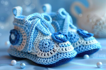 Blue Crochet baby boots with Irish lace