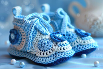 Obraz premium Blue Crochet baby boots with Irish lace