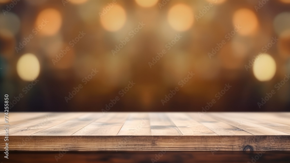 Poster the empty wooden table top with blur background of empty room . exuberant image. generative ai