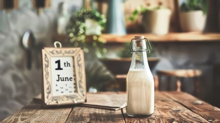 Glass milk bottle with straw on a wooden table and date block for 1st June. Cafe interior with healthy drink concept - obrazy, fototapety, plakaty