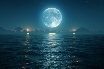 A large moon is reflected in the calm water of the ocean