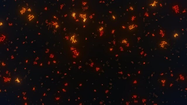 Flying through the abstract runic symbol expanse. Magic, mystical background. Seamless loop