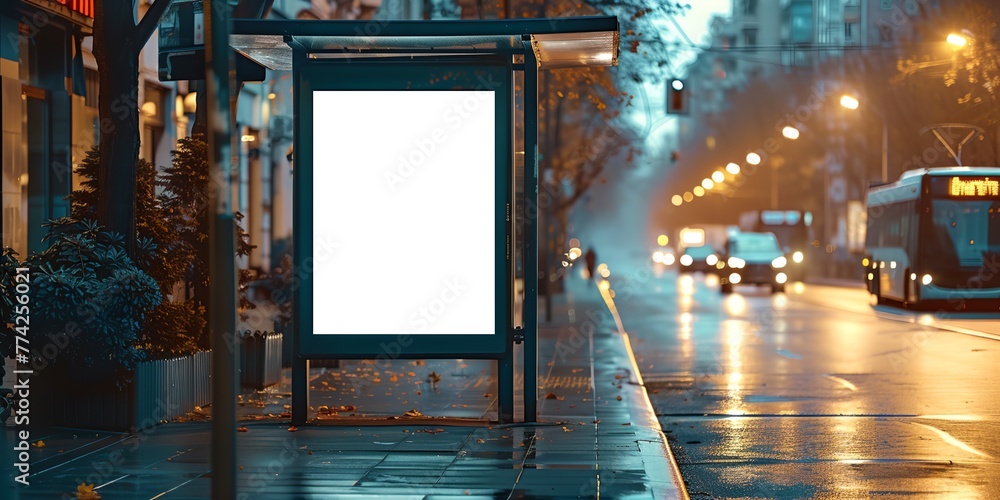 Poster a bus stop with a large sign on it