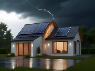 Dark cloudy sky with lightning over a house with solar panels.