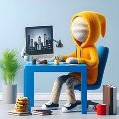 ai generated 3D illustration Crochets doll employee figures working in front of a computer with an office room in the background