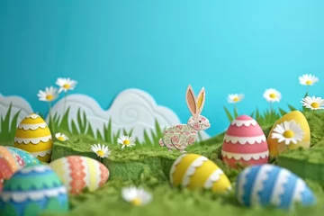 Rolgordijnen Turquoise A paper bunny and Easter eggs are surrounded by flowers and plants in a happy meadow. The natural landscape includes grass and petals under a blue sky AIG42E
