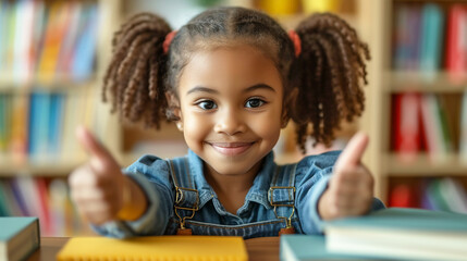 Cute cheerful smiling Black girl with pony tails holding her hand with thumb up in approving gesture. School library background with books. - obrazy, fototapety, plakaty