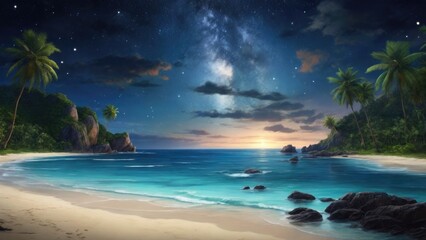 A tropical beach with a starry night sky and Milky Way visible overhead. Generative AI