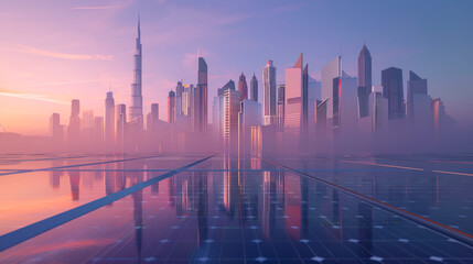Futuristic cityscape reflected on solar panels during sunset