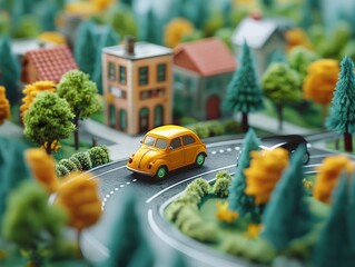 Detailed miniature model of a quiet neighborhood with a car on the road