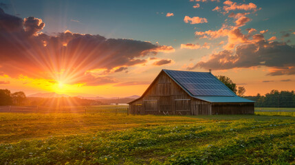 Rustic barn with solar panels on the roof in a rural landscape