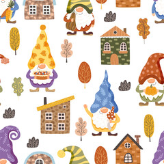 Obraz premium Cute gnomes and houses. Seamless pattern. Vector illustration