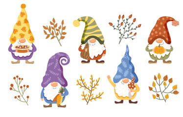Cute gnomes with autumn leaves. Set of elements. Vector illustration