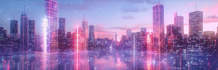 Neon-lit skyscrapers with reflective surfaces in dusk atmosphere. 3D illustration of cyber city.