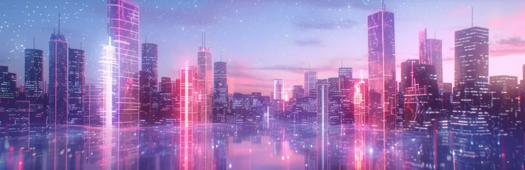 Schilderijen op glas Neon-lit skyscrapers with reflective surfaces in dusk atmosphere. 3D illustration of cyber city. © Andrey