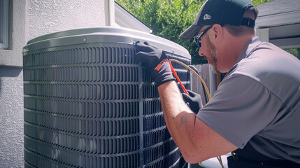 Technician is checking outdoor air conditioner unit - obrazy, fototapety, plakaty