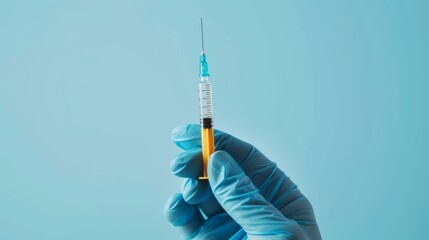 Medical syringe in gloved hand against a sky-blue background. Health and medical concept for campaigns